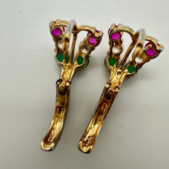 Vintage solid 9kt gold red lab ruby clear green cubic zirconia hoop earrings - Picture 7 of 10